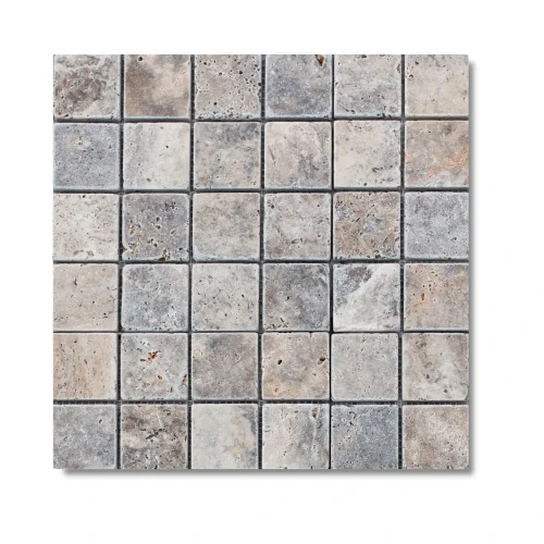 Przejdź do produktu Kamień dekoracyjny trawertyn Ash Argent Mix Bębnowany Mozaika 4,8x4,8x1 cm